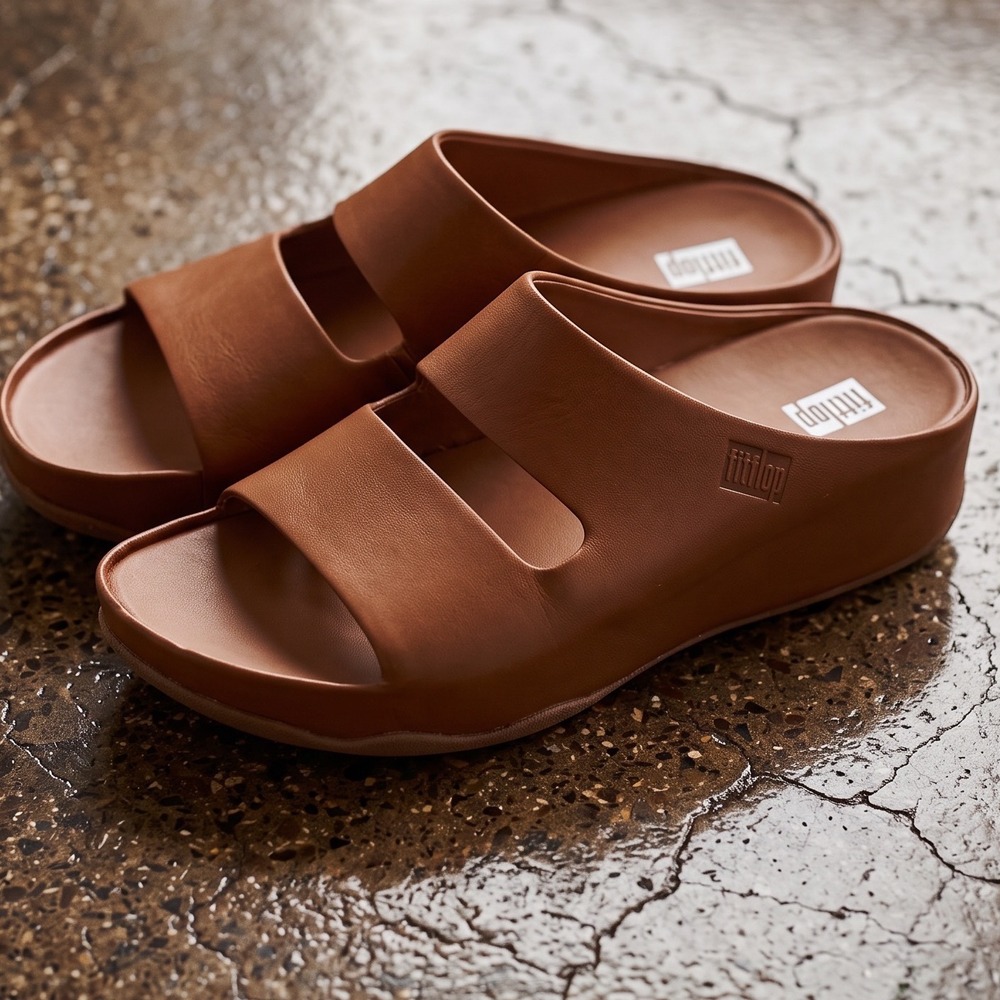 FitFlop Womens Lulu Leather Two-Bar Slides Tan Brown Wedge Sandals US 8 NWOT